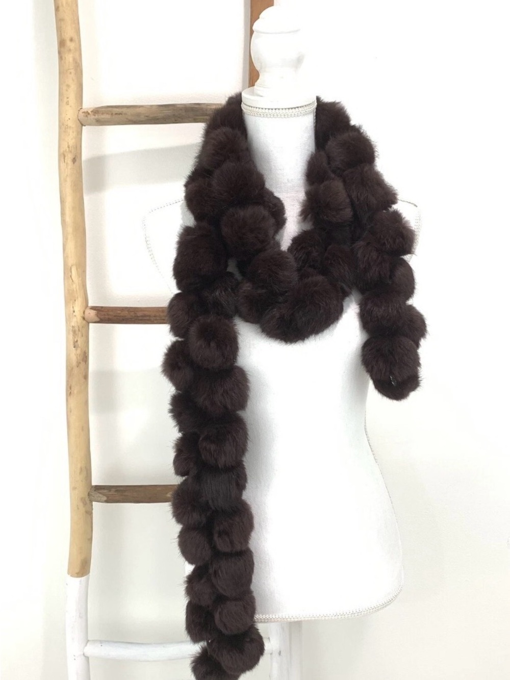 Cejon Genuine Rabbit Fur Scarf Chocolate Brown Pom Poms 80” Long